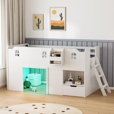 a child's bedroom with a white loft bed