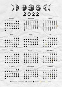 a white paper calendar with black dots and the moon phases in each month on it