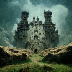 a castle in the middle of a field surrounded by rocks and grass, with dark clouds overhead