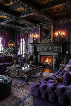 a living room with purple furniture and a fire place in the middle of the room