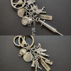 there are two key chains that have various items attached to them, one has a bottle opener and the other has a pair of scissors