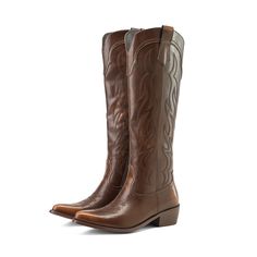 PRICES MAY VARY. Classic Western Embroidery - These cowboy boots for women feature a classic embroidered pattern, V-cut cuffs, pull-on, pointed toe and block heel for a classic yet elegant Western style. Premium Quality Leather - To maintain the beauty and comfort of classic cowgirl boots, these women's cowboy boots are made from premium PU leather with a comfortable synthetic lining that provides a soft, next-to-skin feel and keeps your feet relaxed. Classic & Versatile - Slip into some classic Classic Cowgirl, Knee High Western Boots, Knee High Cowboy Boots, Women Knee High Boots, Cowboy Boots For Women, Western Embroidery, Brown Cowboy Boots, Country Boots, Boots Western