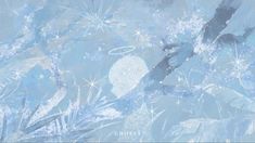 an abstract painting of blue and white leaves with snow flakes on it's surface