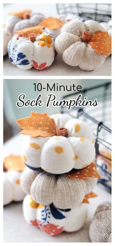 pumpkins stacked on top of each other with the words 10 minute sock pumpkins