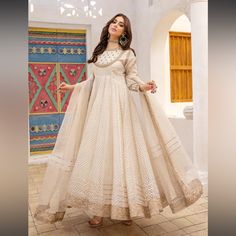 Size Medium Brand Charisma Festive Beige Cutdana Dress, Festive Cream Cutdana Dress, Semi-stitched Off White Dresses For Festive Occasions, Beige Anarkali Dress For Wedding, Off White Semi-stitched Festive Dress, Festive Off White Semi-stitched Dress, Off-white Semi-stitched Festive Dress, Off White Georgette Anarkali Dress, Off White Anarkali Dress With Resham Embroidery