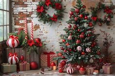 a christmas tree surrounded by presents in front of a brick wall with red and white decorations