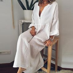 Season:Fall,Spring,Autumn,Winter; Fabric:Linen; Sleeve Length:Long Sleeve; Look After Me:Hand wash,Machine wash; Gender:Women's; Style:Casual; Elasticity:Micro-elastic; Occasion:Holiday,Vacation,Winter Dress,Fall Dress,Weekend,Going out,Daily; Fit Type:Loose Fit; Dresses Type:White Cotton Dress,Cotton Summer Dress,Tunic Dress,Casual Dress; Pattern:Pure Color,Plain; Design:Rolled Cuff,Button; Neckline:Split Neck,V Neck; Front page:FF; Listing Date:05/23/2022; Production mode:External procurement; Casual Dresses For Summer, Estilo Hipster, Robes Glamour, Arab Women, Long Sleeve Print Dress, Maxi Robes, Women Maxi, Maxi Dresses Casual, Loose Dress