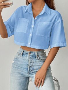 Women's Solid Color Dropped Shoulder Short Sleeve Pocket Loose Casual Cropped Shirt, Summer Blue Casual  Short Sleeve Polyester Plain Shirt Non-Stretch  Women Clothing, size features are:Bust: ,Length: ,Sleeve Length: Crop Tops Simple, Blue Button Down Shirt Outfit Summer, Shirt Crop Top Outfits, Camisa Crop Top Outfit, Buttondown Shortsleeve, Cropped Shirt Outfit, Short Sleeve Outfits, Crop Shirts For Women, Bottom Down Shirt