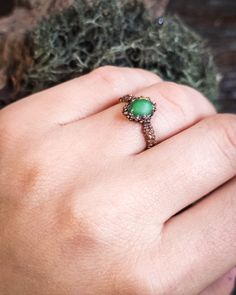 For other stones and crystals please visit "RINGS" section here: https://www.etsy.com/shop/ForesticaPL?section_id=30774903 🌿 DETAILS 🌿  - Malachite ring with a copper band  - Every ring is hand crafted to order (the process usually takes 2-3 days) - The ring is made of hammered copper which then is connected to the stone using electroforming technique giving it a specific texture - The size of the malachite stone is 8x6 mm (0.31x0.23 in)  - Packed in a wooden ring box filled with natural reind Handmade Crystal Promise Ring For May Birthstone, Mystical Green Rings Perfect For Gifts, Handmade Emerald Crystal Promise Ring, Druid Clothing, Elven Fairy, Witch Ring, Copper Electroforming, Goblincore Aesthetic, Witch Rings