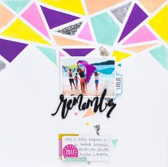 a scrapbook page with an image of people on the beach and colorful triangles in the background