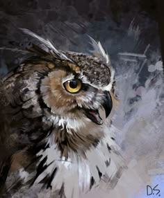 an owl with yellow eyes is shown in this artistic painting by artist dxl