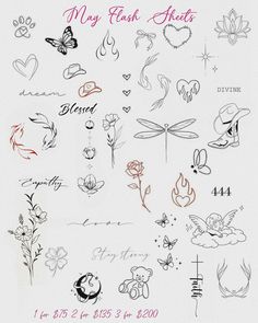 many different tattoos on a white sheet with the words may flash sheets written below them