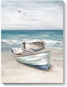 a painting of two boats on the beach