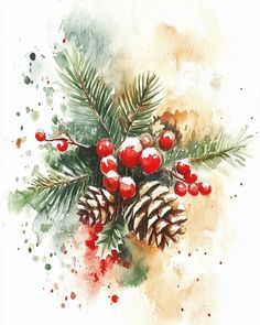 a watercolor painting of pine cones and berries on a tree branch with red berries