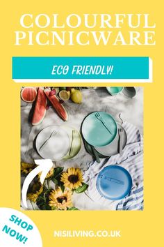 a yellow and blue poster with the words, colorful picnicware eco friendly shopping uk