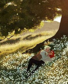 two people sitting in the middle of a field with white flowers and trees behind them