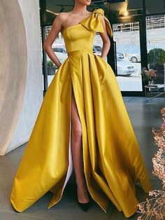 Yellow Evening Dresses, Cheap Prom Dresses Long, One Shoulder Prom Dress, Prom Dresses Yellow, Prom Dresses With Pockets, Simple Prom Dress, Custom Prom Dress, Floor Length Prom Dresses, Yellow Satin