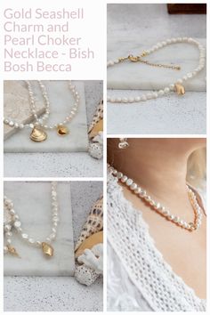 This beautiful necklace features a gold plated seashell charm and a fresh water pearl. The perfect summertime accessory, this necklace is sure to make a splash! Modern Pearl Jewelry, Heirlooms Jewelry, Pearl Jewellery