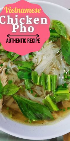 vietnamese chicken pho soup in a white bowl with green garnish on top