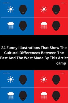 four different colored squares with the words 24 funny illustrations that show the cultural differences between the east and west made by this artist