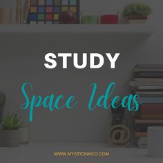 the words study space ideas on top of a desk with books, plants and other office supplies