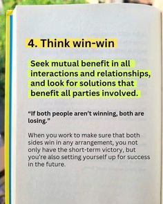 an open book with the title 4 think win - win written in yellow on it