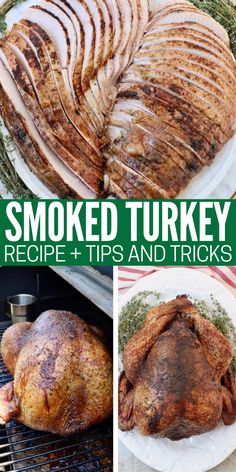 smoked turkey sliced on a platter and whole on a smoker Smoked Turkey Brine, Smoked Whole Turkey, Pulled Turkey, Smoker Recipes Electric, Whole Turkey Recipes, Traeger Grill Recipes, I Heart Recipes, Turkey Brine Recipes, Smoked Turkey Recipes