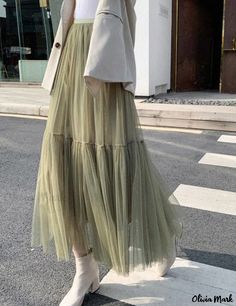 Olivia Mark - Exquisite Flared Midi Skirt with Pleated Layers and Bouncy Hem Organza Midi Skirt, Sheer Midi Skirt, Pleated Tulle Skirt, Harajuku Clothes, Mesh Maxi Skirt, Dance Attire, Skirt With Pleats, Tulle Maxi Skirt, Chiffon Maxi Skirt