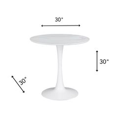 a white table with measurements for the top and base, shown in front of a white background