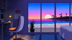 a room with a bed, desk and window overlooking the ocean at sunset or sunrise