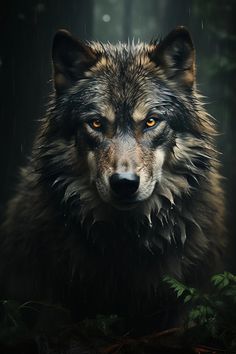 a wolf staring at the camera in the rain