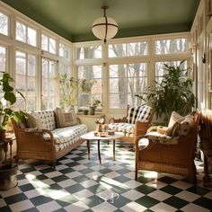 a living room filled with lots of furniture next to large windows and potted plants