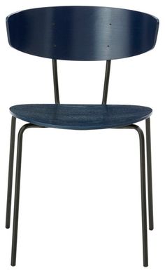 a blue chair with black legs and a wooden seat