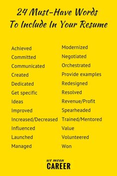 a yellow poster with the words 24 must have words to include in your resume on it