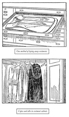 two pictures showing the different types of clothes being stored in an open drawer and closed drawer, vintage line drawing or engraving illustration