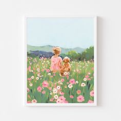 a painting of a girl and her dog in a field of flowers