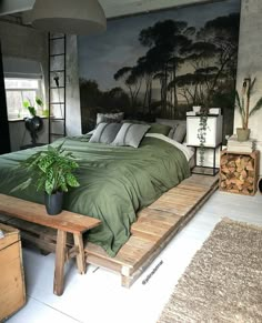 a bedroom with a large painting on the wall next to a bed and wooden table