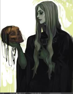 a drawing of a woman holding a skull in front of her face with green hair