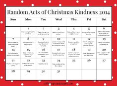 the random acts of christmas kindness calendar for kids, with red and white polka dots