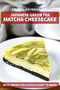 a slice of matcha cheesecake on a white plate