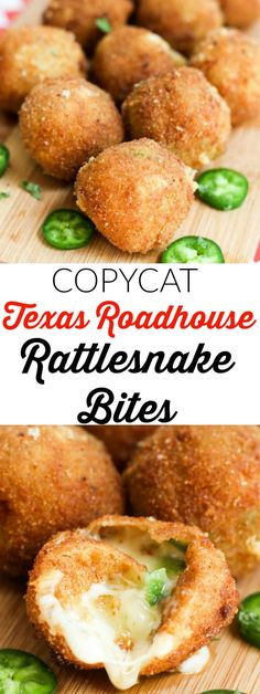 some food that is on top of a cutting board with the words copycat texas roadhouse rattleshake bites