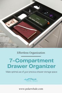 an open drawer with books and other items in it that is labeled 7 - compartment organizer