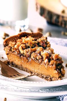 a slice of pecan pie on a white plate