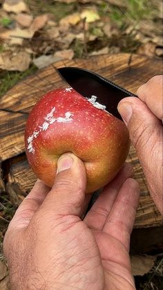 a man is cutting an apple with a knife