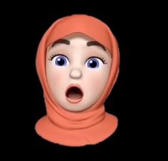 an animated doll wearing a headscarf and making a surprised face on a black background