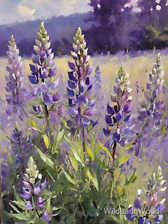 a painting of purple flowers in a field