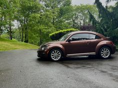 a brown car parked on the side of a road in front of some green trees