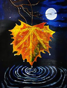 an acrylic painting of a leaf floating on water with the moon in the background