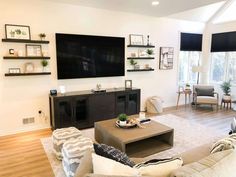 a living room filled with furniture and a flat screen tv mounted on the wall over a fireplace