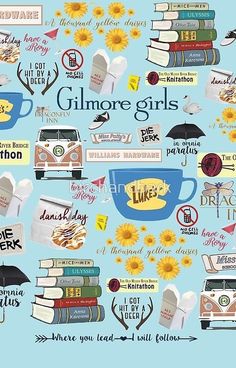 a phone case with books, coffee and other things on the back cover that says gilmore girls